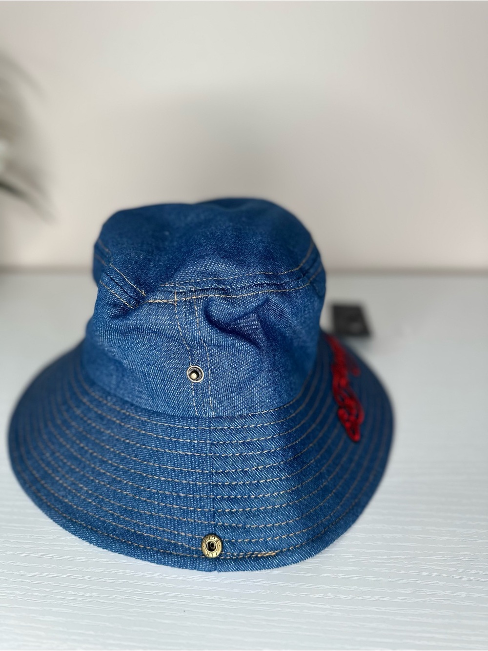 Ed Hardy Denim Bucket Hat Skull Heart Embroidered Blue Cotton NEW - Picture 7 of 8
